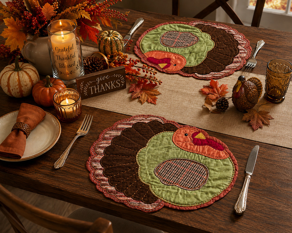 Pottery Barn Kids Vintage 2006 Turkey Placemats Set 2 Patchwork Thanksgiving